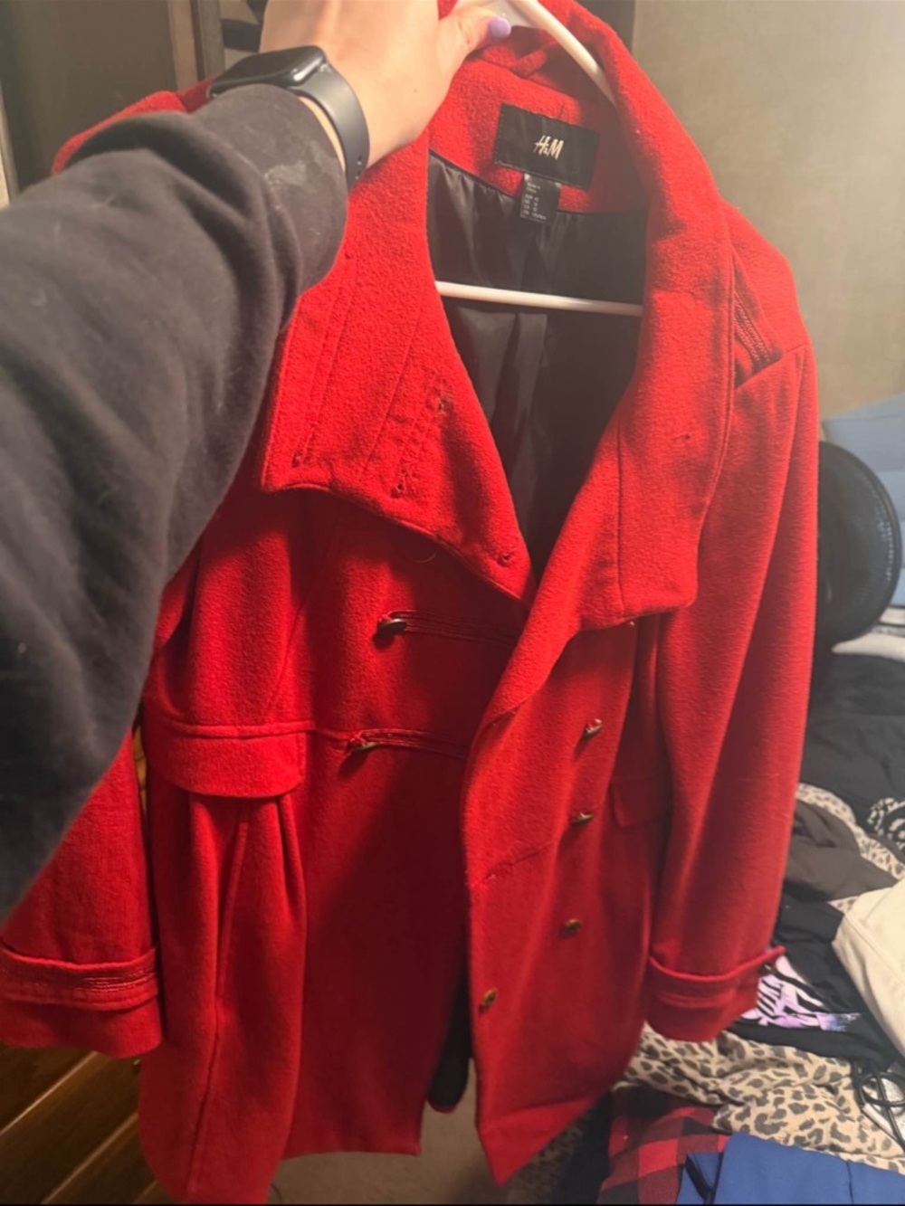 H&M Women's Red Double-Breasted Pea Coat